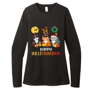 Cat Halloween Christmas Happy Hallothanksmas Thanksgiving Gift Womens CVC Long Sleeve Shirt