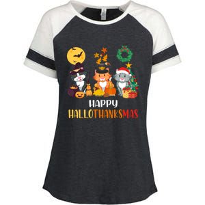 Cat Halloween Christmas Happy Hallothanksmas Thanksgiving Gift Enza Ladies Jersey Colorblock Tee