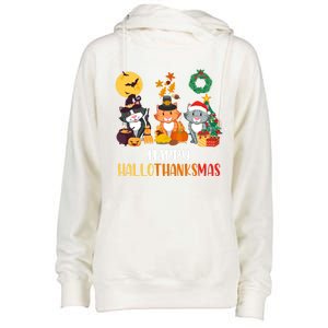 Cat Halloween Christmas Happy Hallothanksmas Thanksgiving Gift Womens Funnel Neck Pullover Hood