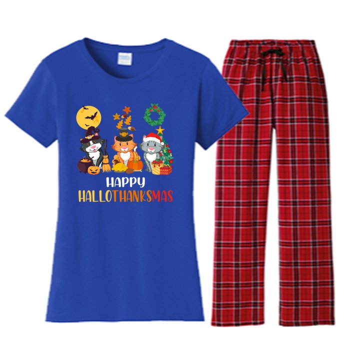 Cat Halloween Christmas Happy Hallothanksmas Thanksgiving Gift Women's Flannel Pajama Set