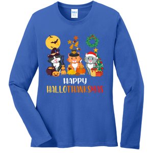 Cat Halloween Christmas Happy Hallothanksmas Thanksgiving Gift Ladies Long Sleeve Shirt