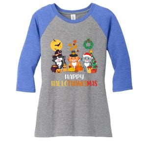 Cat Halloween Christmas Happy Hallothanksmas Thanksgiving Gift Women's Tri-Blend 3/4-Sleeve Raglan Shirt