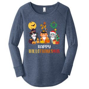 Cat Halloween Christmas Happy Hallothanksmas Thanksgiving Gift Women's Perfect Tri Tunic Long Sleeve Shirt