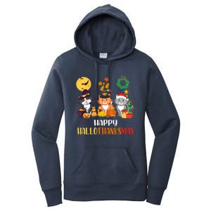 Cat Halloween Christmas Happy Hallothanksmas Thanksgiving Gift Women's Pullover Hoodie