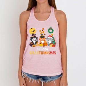 Cat Halloween Christmas Happy Hallothanksmas Thanksgiving Gift Women's Knotted Racerback Tank