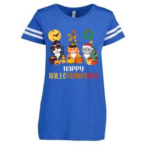 Cat Halloween Christmas Happy Hallothanksmas Thanksgiving Gift Enza Ladies Jersey Football T-Shirt