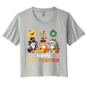 Cat Halloween Christmas Happy Hallothanksmas Thanksgiving Gift Women's Crop Top Tee