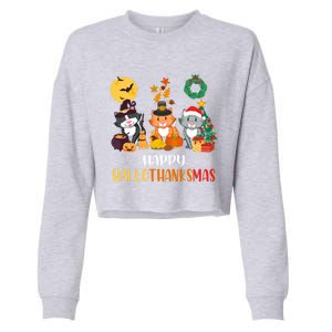 Cat Halloween Christmas Happy Hallothanksmas Thanksgiving Gift Cropped Pullover Crew