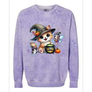 Cute Halloween Cat Fairy And Ghost Playful Witch Design Colorblast Crewneck Sweatshirt