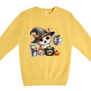 Cute Halloween Cat Fairy And Ghost Playful Witch Design Premium Crewneck Sweatshirt