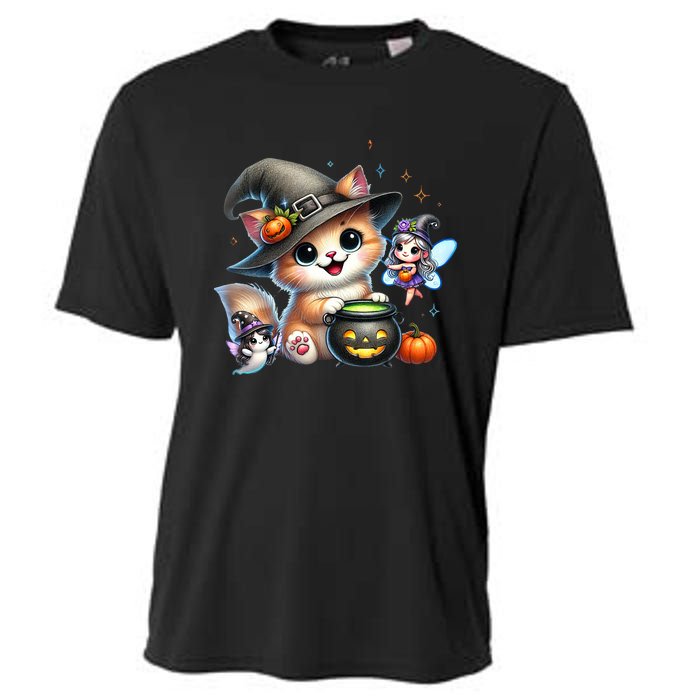 Cute Halloween Cat Fairy And Ghost Playful Witch Design Cooling Performance Crew T-Shirt