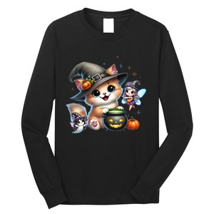 Cute Halloween Cat Fairy And Ghost Playful Witch Design Long Sleeve Shirt