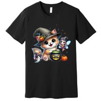 Cute Halloween Cat Fairy And Ghost Playful Witch Design Premium T-Shirt