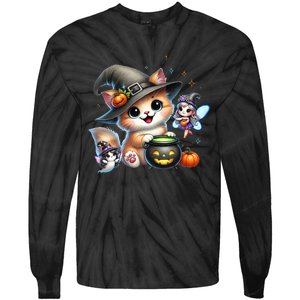 Cute Halloween Cat Fairy And Ghost Playful Witch Design Tie-Dye Long Sleeve Shirt