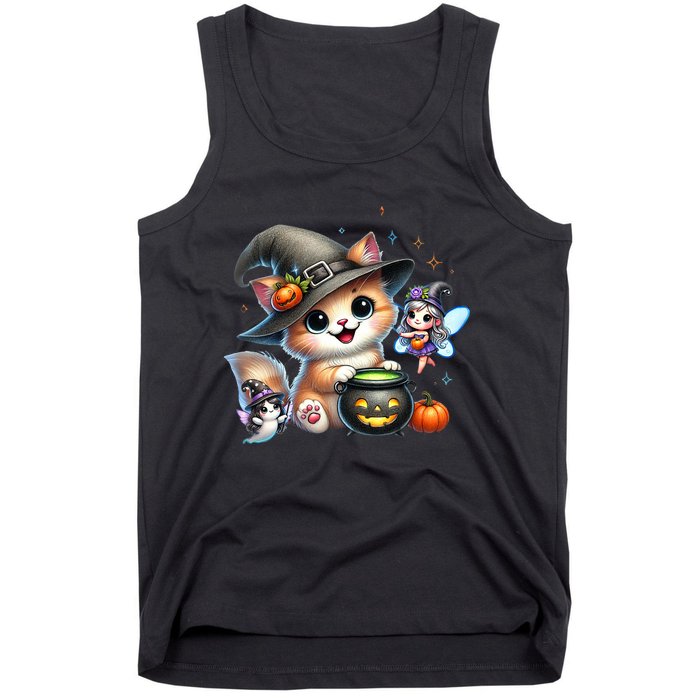 Cute Halloween Cat Fairy And Ghost Playful Witch Design Tank Top