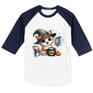 Cute Halloween Cat Fairy And Ghost Playful Witch Design Baseball Sleeve Shirt