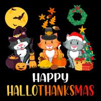 Cat Halloween Christmas Happy Hallothanksmas Thanksgiving Sustainable Bucket Hat