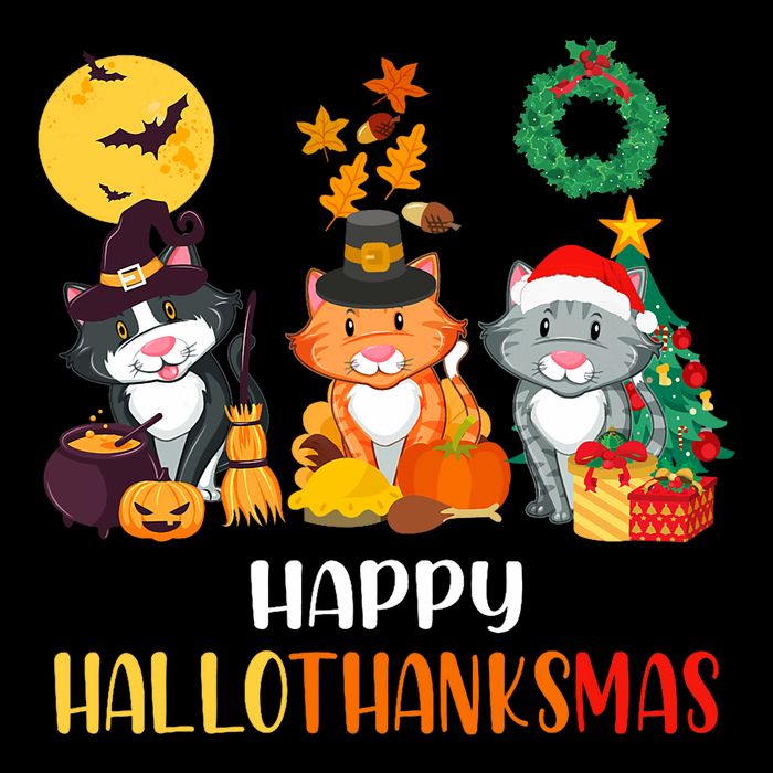 Cat Halloween Christmas Happy Hallothanksmas Thanksgiving Sustainable Bucket Hat