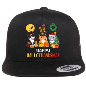 Cat Halloween Christmas Happy Hallothanksmas Thanksgiving Flat Bill Trucker Hat