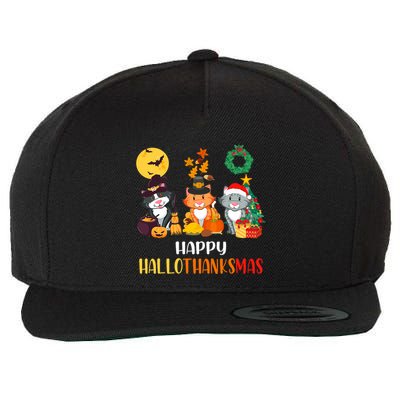Cat Halloween Christmas Happy Hallothanksmas Thanksgiving Wool Snapback Cap