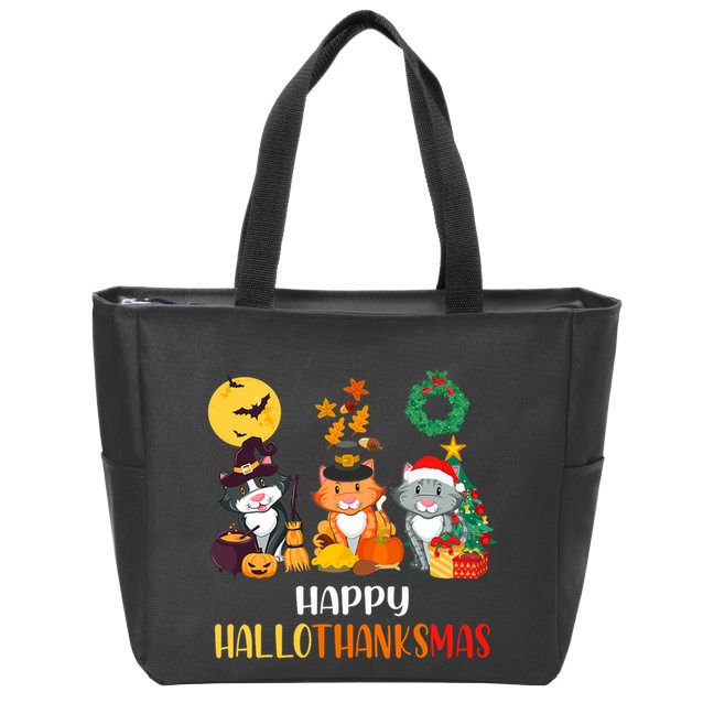 Cat Halloween Christmas Happy Hallothanksmas Thanksgiving Zip Tote Bag