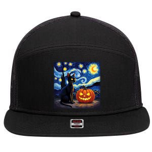 Cat Halloween Cat Lovers Starry Night Cat Van Gogh 7 Panel Mesh Trucker Snapback Hat