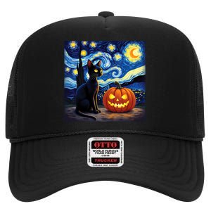 Cat Halloween Cat Lovers Starry Night Cat Van Gogh High Crown Mesh Back Trucker Hat