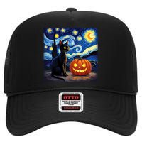 Cat Halloween Cat Lovers Starry Night Cat Van Gogh High Crown Mesh Back Trucker Hat