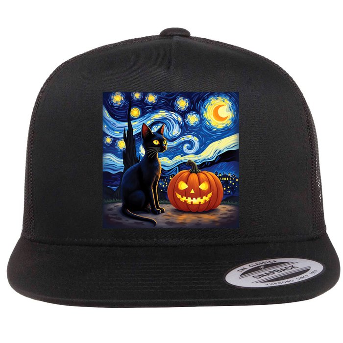 Cat Halloween Cat Lovers Starry Night Cat Van Gogh Flat Bill Trucker Hat