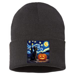 Cat Halloween Cat Lovers Starry Night Cat Van Gogh Sustainable Knit Beanie