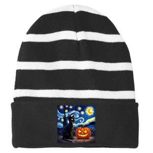 Cat Halloween Cat Lovers Starry Night Cat Van Gogh Striped Beanie with Solid Band