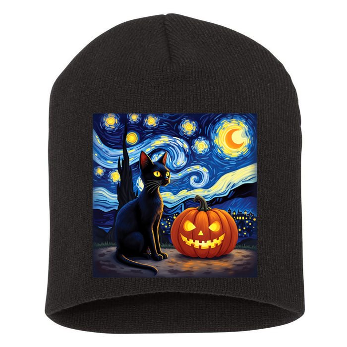 Cat Halloween Cat Lovers Starry Night Cat Van Gogh Short Acrylic Beanie