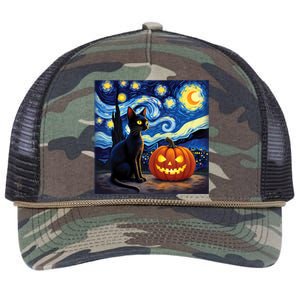 Cat Halloween Cat Lovers Starry Night Cat Van Gogh Retro Rope Trucker Hat Cap