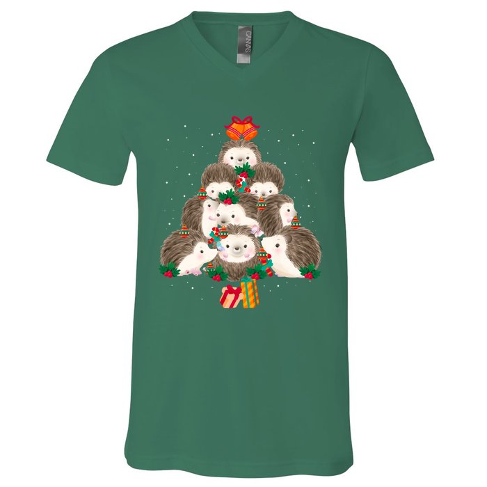 Cute Hedgehog Christmas Tree Funny Pajamas Xmas For Family V-Neck T-Shirt