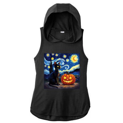 Cat Halloween Cat Lovers Starry Night Cat Van Gogh Ladies PosiCharge Tri-Blend Wicking Draft Hoodie Tank