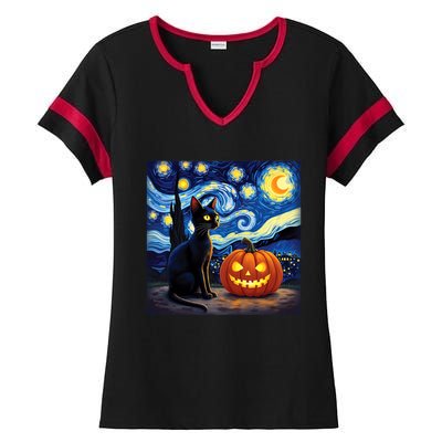 Cat Halloween Cat Lovers Starry Night Cat Van Gogh Ladies Halftime Notch Neck Tee