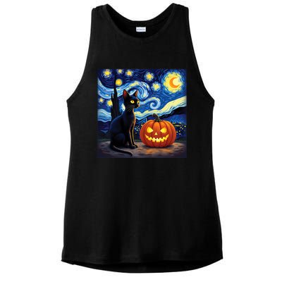 Cat Halloween Cat Lovers Starry Night Cat Van Gogh Ladies PosiCharge Tri-Blend Wicking Tank