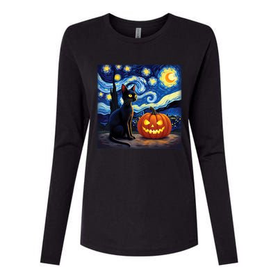 Cat Halloween Cat Lovers Starry Night Cat Van Gogh Womens Cotton Relaxed Long Sleeve T-Shirt