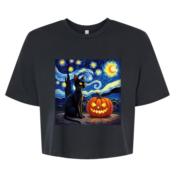 Cat Halloween Cat Lovers Starry Night Cat Van Gogh Bella+Canvas Jersey Crop Tee