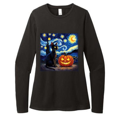 Cat Halloween Cat Lovers Starry Night Cat Van Gogh Womens CVC Long Sleeve Shirt