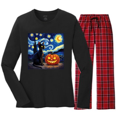 Cat Halloween Cat Lovers Starry Night Cat Van Gogh Women's Long Sleeve Flannel Pajama Set 