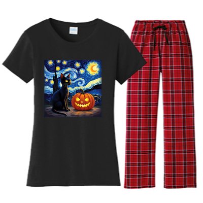 Cat Halloween Cat Lovers Starry Night Cat Van Gogh Women's Flannel Pajama Set