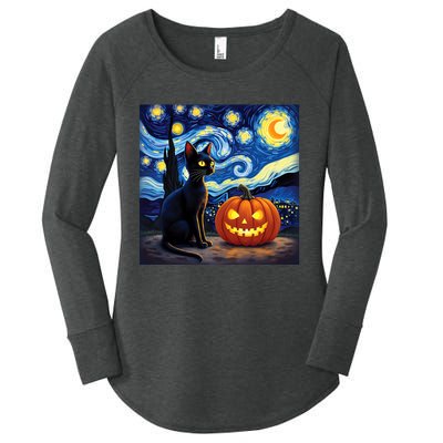 Cat Halloween Cat Lovers Starry Night Cat Van Gogh Women's Perfect Tri Tunic Long Sleeve Shirt