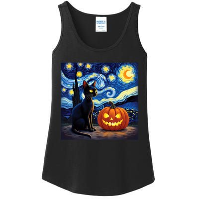 Cat Halloween Cat Lovers Starry Night Cat Van Gogh Ladies Essential Tank