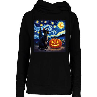 Cat Halloween Cat Lovers Starry Night Cat Van Gogh Womens Funnel Neck Pullover Hood