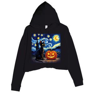 Cat Halloween Cat Lovers Starry Night Cat Van Gogh Crop Fleece Hoodie