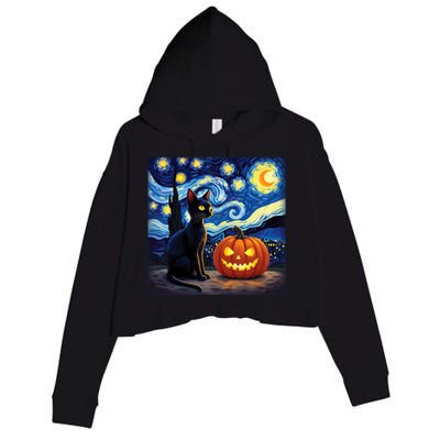 Cat Halloween Cat Lovers Starry Night Cat Van Gogh Crop Fleece Hoodie