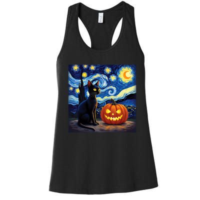 Cat Halloween Cat Lovers Starry Night Cat Van Gogh Women's Racerback Tank