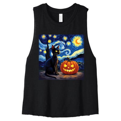 Cat Halloween Cat Lovers Starry Night Cat Van Gogh Women's Racerback Cropped Tank