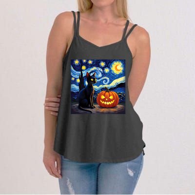 Cat Halloween Cat Lovers Starry Night Cat Van Gogh Women's Strappy Tank